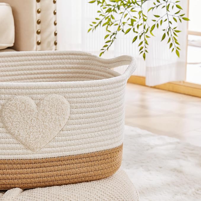 Storage Bins Woven Baskets for Storage Set of 3, Cotton Rope Basket with Handles for Toys/Shelves/Laundry, Rectangle Multi-Purpose Organizer for Living Room, Bedroom, Nursery (Heart)