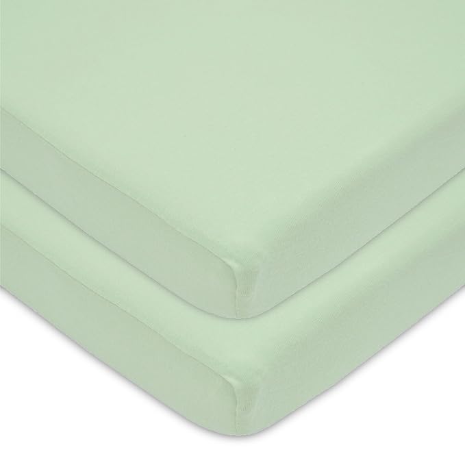 American Baby Company 2 Pack 100% Natural Cotton Fitted Mini Crib Sheets 38" x 24" - Soft & Breathable Small Nesting Portable Sheets, Fits Pack N Play Mattresses, Celery, for Boys & Girls