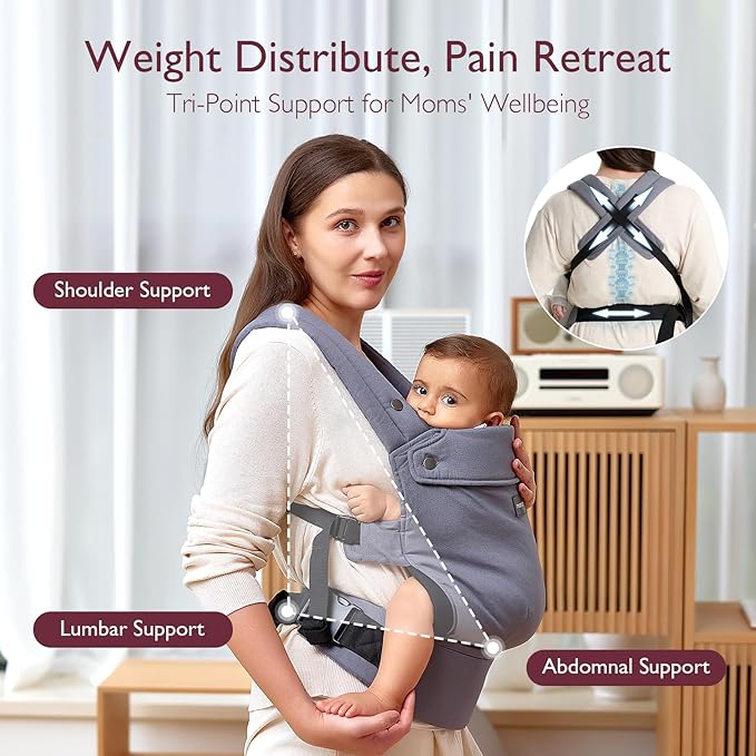 Momcozy Baby Carrier - Ergonomic, Cozy and Lightweight Carrier for 7-45lbs, Effortless to Put On, Ideal for Hands-Free Parenting, Enhanced Lumbar Support, Purehug for Infant to Toddler, Grey