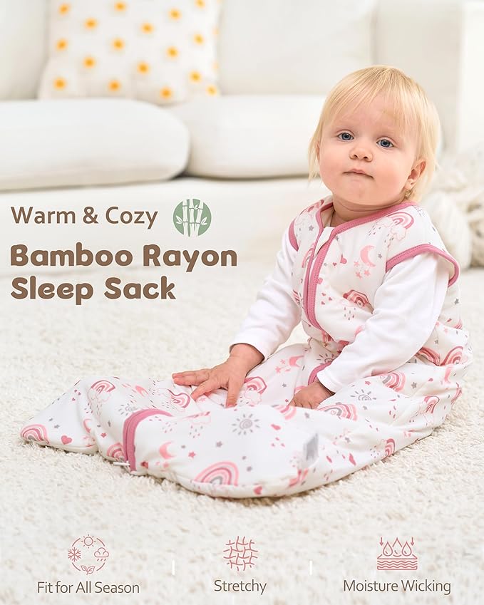 FIEMOL Rayon Made from Bamboo Baby Sleep Sack 12-18 Months, 1.0 Tog Baby Wearable Blanket, Soft Sleeping Bag for Infant Toddler Babies with 2-Way Zipper 2 Pack (Large) Pink Rainbow