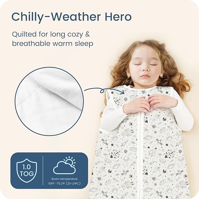 TOTBASIC 1.0 TOG Sleep Sack 6-12-15 Months, Ultra Soft Sleeping Bag, Premium Baby Wearable Blanket with 2-way Safe Zipper All Season Sleep Sack, 1 Pack(Space Odyssey)