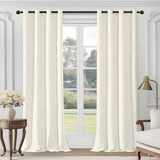 Metro Parlor Cream Floral Blackout Curtains 96 Inches Long for Bedroom, Jacquard Chenille Patterned Vintage Flower Curtains for Living Room Darkening Thermal Grommet Window Drapes,2 Panels,Light Beige