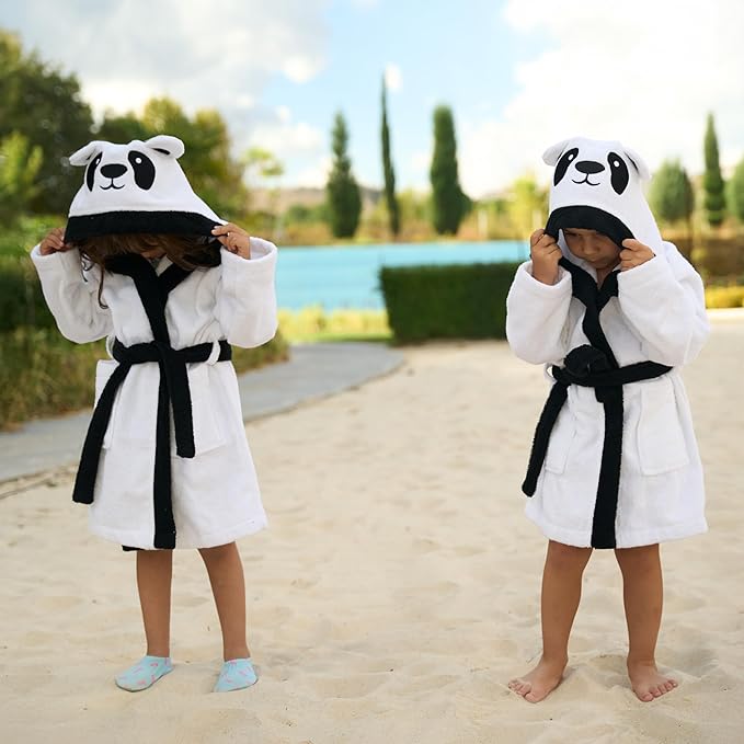 BAGNO MILANO Kids Organic Turkish Cotton Hooded Beach Cover-Up Towel, GOTS Certified, for Boys and Girls (Panda White, 7-8 Years)