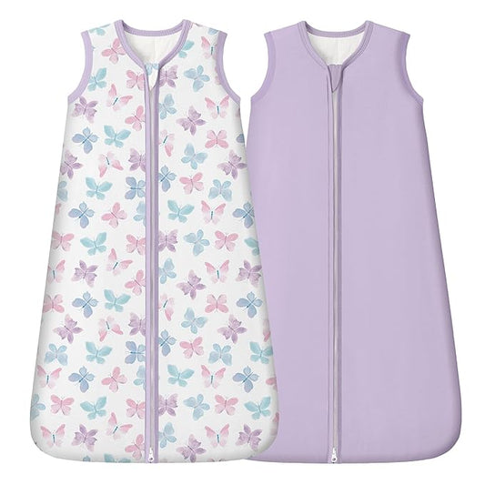 FIEMOL Rayon Made from Bamboo Baby Sleep Sack 12-18 Months, 1.0 Tog Baby Wearable Blanket, Soft Sleeping Bag for Infant Toddler Babies with 2-Way Zipper 2 Pack (Large) Purple Butterfly