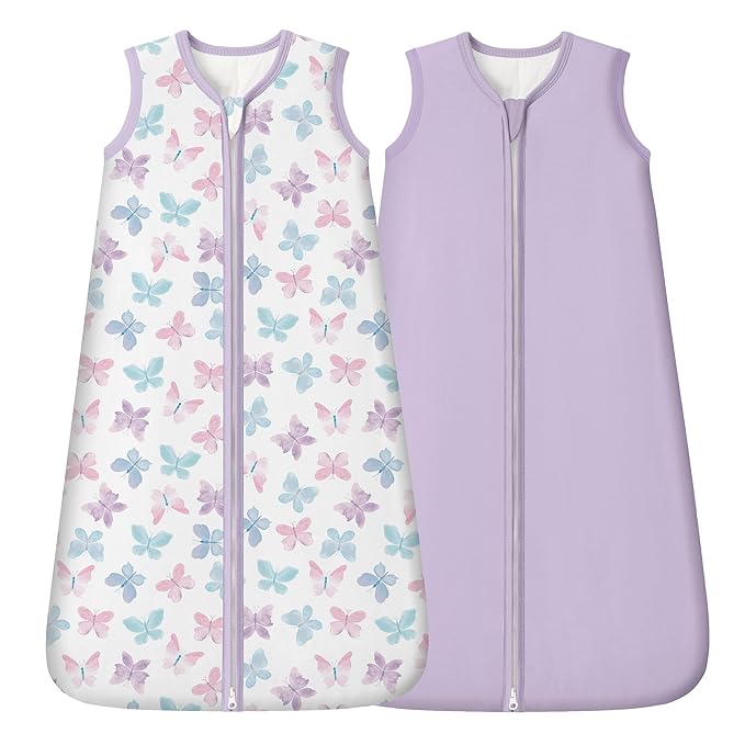 FIEMOL Rayon Made from Bamboo Baby Sleep Sack 0-6 Months, 1.0 Tog Baby Wearable Blanket, Soft Sleeping Bag for Newborn Infant Babies with 2-Way Zipper 2 Pack (Small) Purple Butterfly