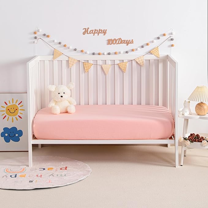 NTBAY 2 Pack Muslin Cotton Crib Sheets, Soft and Breathable Double Layer 28x52 Baby Crib Sheets for Standard Crib and Toddler Mattresses, Boys, Girls, Unisex, Coral Pink, 28x52 Inches