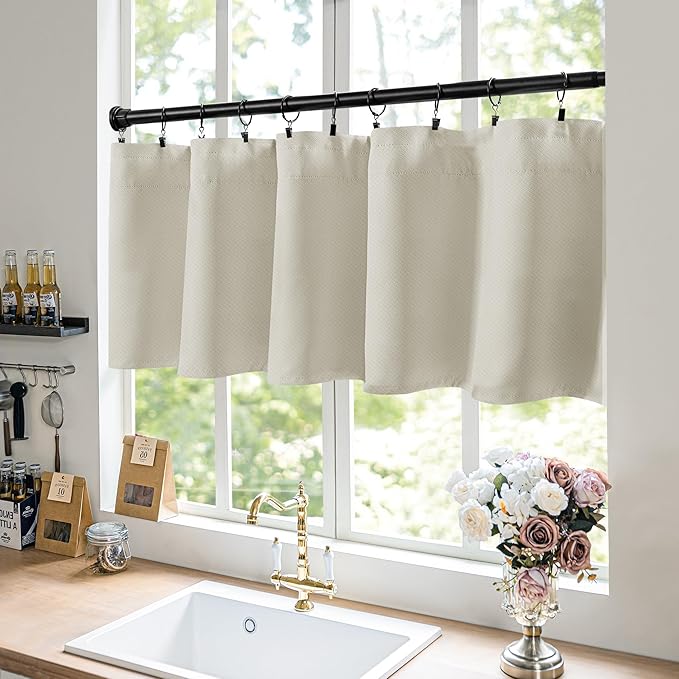 FMFUNCTEX 100% Blackout Valance Curtains for Bedroom, Cream Textured Kitchen Window Curtains 18 Inch Length Thermal Insulated Curtains for Living Room, Rod Pocket Drapes Room Darkening 1 Panel