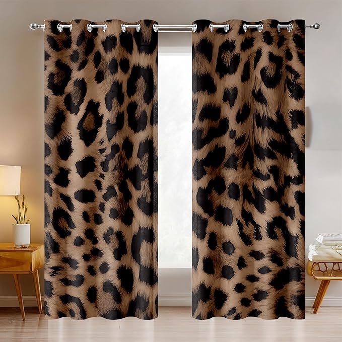 Sexy Leopard Print Blackout Curtains, Wild Animal Cheetah Print Brown Black Fur Window Drapes, Living Room Bedroom Decor 2 Panels 52x63 Inch