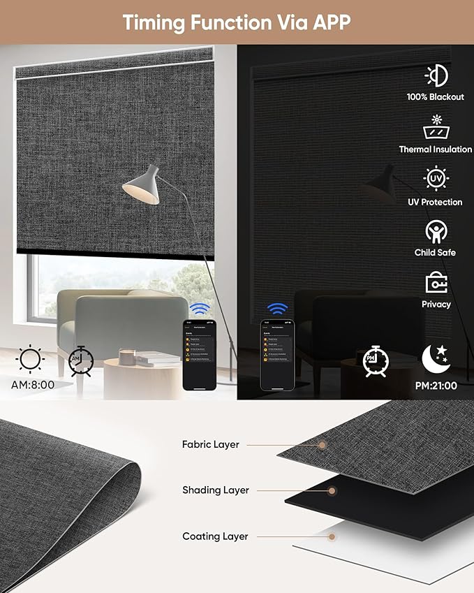 Kincmo Motorized Blinds with Remote,100% Blackout Motorized Roller Shades Work with Apple Homekit,Alexa,Google, Custom Electric Blinds with App,Voice Control (Dual Sided Black)