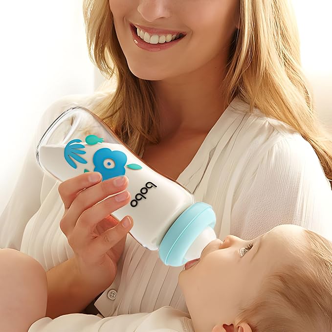 YOHKOH Natural Glass Baby Bottle with Level 2 Medium Flow Nipple, Newborn Anti-Colic Baby Bottles, Wide Neck Mushroom Baby Glass Bottle (Blue, (8.8oz (Pack of 4))