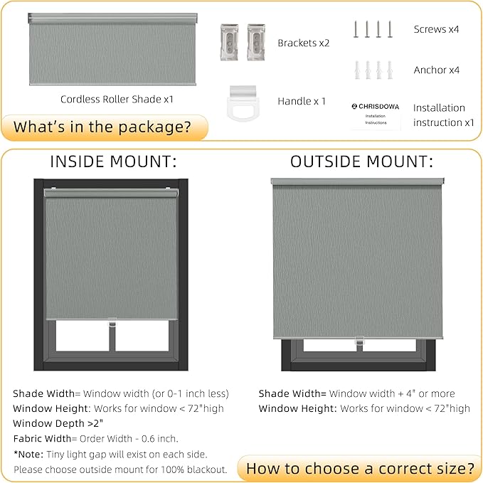 ChrisDowa Blackout Roller Shades for Windows, Striped Pattern Cordless Pull Down Door Blinds with Privacy, Thermal Insulated Window Shades for Living Room, Home and Office. Grey, 60" W x 72" H