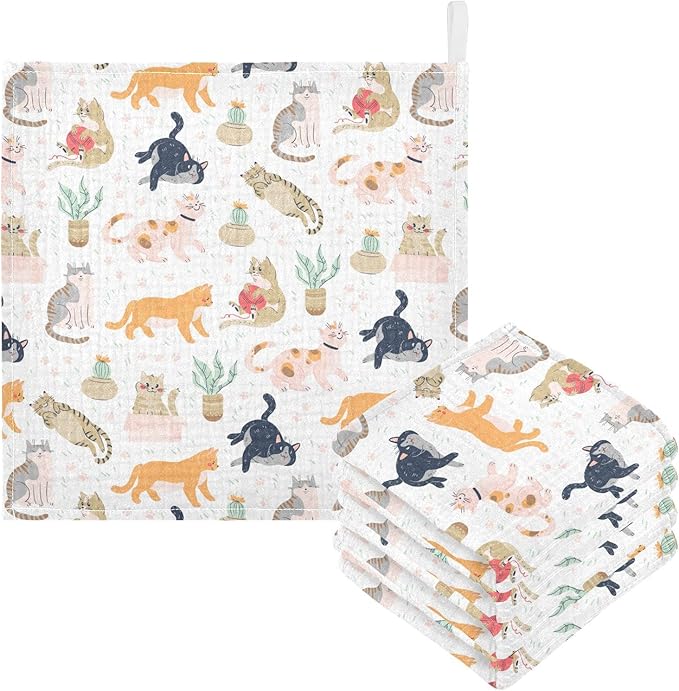 vvfelixl Baby Washcloths Cotton Funny Cats Cactus Baby Muslin Washcloths Soft Baby Face Towel for Newborn Infants Baby Wipes, 11.8 X 11.8 Inch, 5 Pack