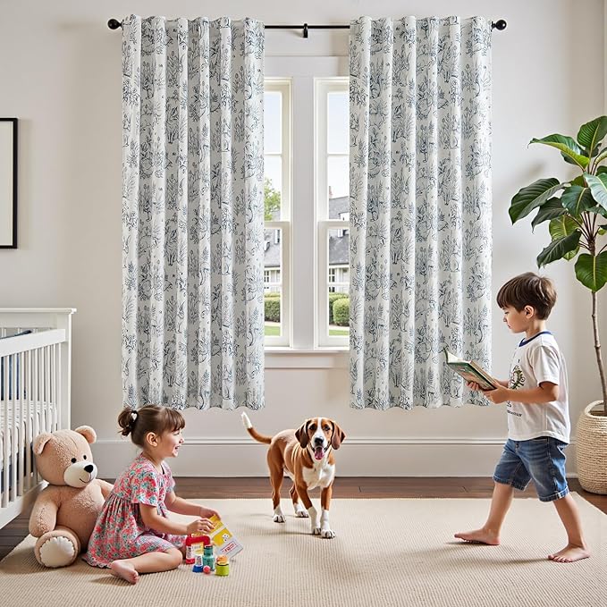 jinchan Blackout Nursery Curtains 72 Inches Long, Bunny Woodland Toile Curtains Blue on Beige Animal Printed Drapes for Bedroom Rod Pocket Thermal Insulated Farmhouse Window Treatment 2 Panels
