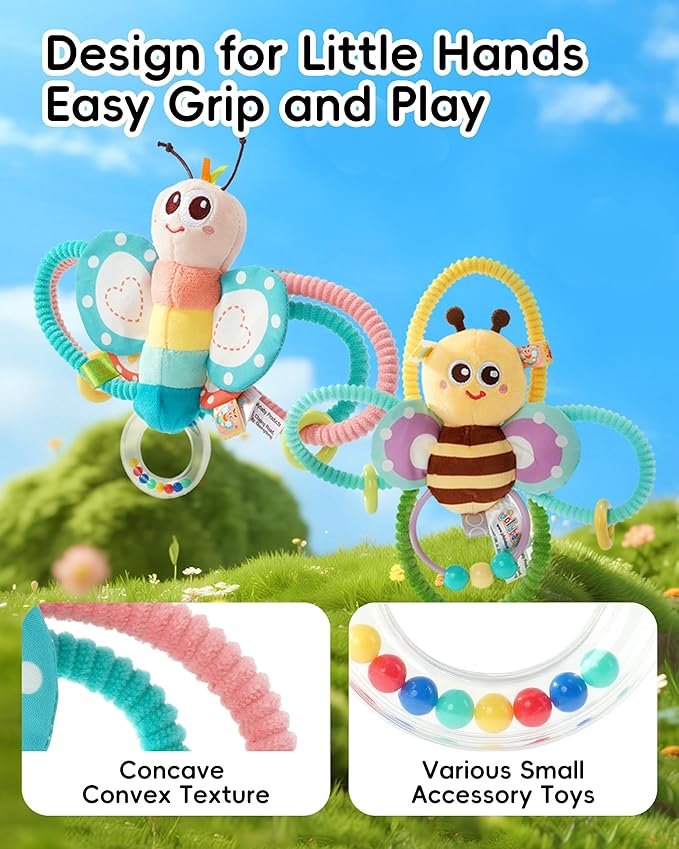 Jollybaby Soft Baby Rattles & Plush Rings Toy for Newborn 0-3-6-12 Months, Sensory Developmental Hand Teether Toys for Infant 0-2-4-7-8-9 Months, Baby Shower & Birthday Gifts - Bee