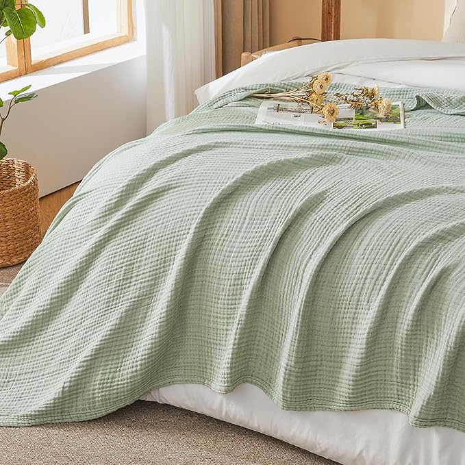 EMME Cotton Muslin Queen Blanket Bed Layering Bedspread Coverlet Breathable Gauze Soft Lightweight Blankets Adults (Heather Sage Green, 90"x90")