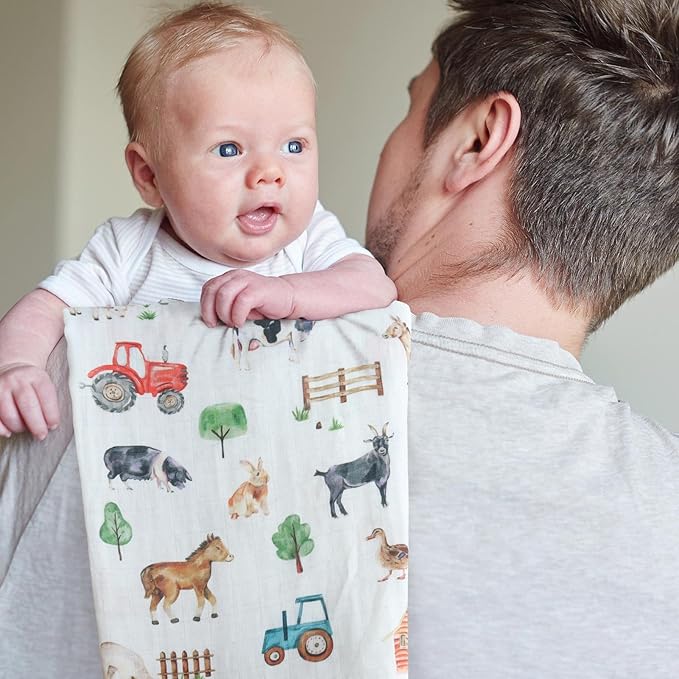 LifeTree Muslin Swaddle Blankets, Baby Swaddles Blanket for Boys Girls Newborn Nursery, Soft Large 47" x 47", Farm Animals, 70% Viscose from Bamboo and 30% Cotton