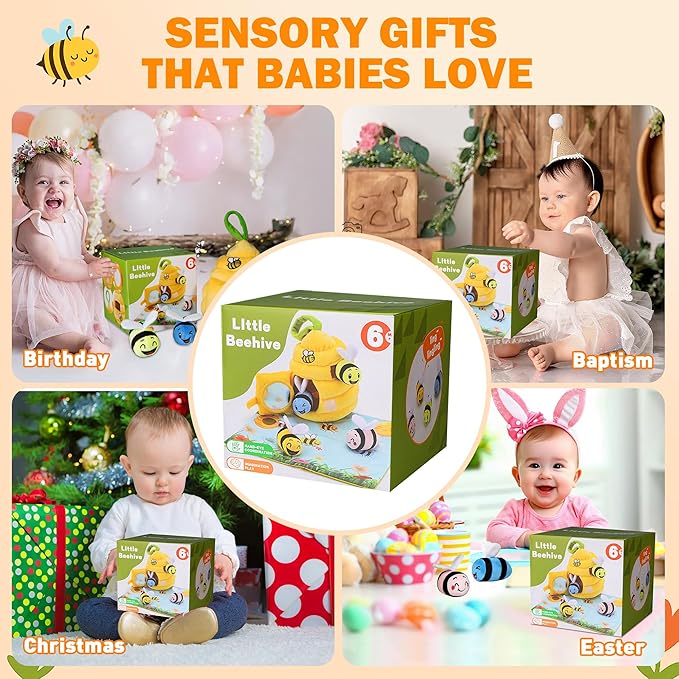 Baby Toys 6-12 Months, Plush Beehive with 4 Sensory Bees, Map Pad, Rattle, Crinkle Paper, Squeaker, Mirror, Montessori Toy for 6 7 8 9 10 11 12 Month Old, Infant Toys Baby Valentines Day Gifts