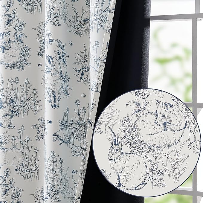 jinchan Blackout Nursery Curtains 72 Inches Long, Bunny Woodland Toile Curtains Blue on Beige Animal Printed Drapes for Bedroom Rod Pocket Thermal Insulated Farmhouse Window Treatment 2 Panels