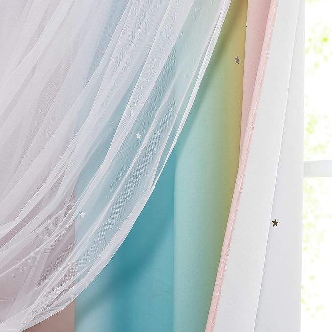 NICETOWN Kids Room Decor Curtains for Girls Nursery, Star Cut Princess Room Design Curtains with Versatile Styling Options for Backdrops (Pink & Yellow & Green & Pink, Each is W52 x L84, Sold by 2)