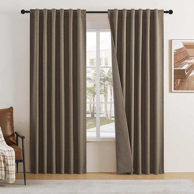 DUALIFE Brown Linen Curtains 90 Inches Long?100% Black Out Thermal Insulated Canvas Look Curtain Drapes for Bedroom Back Tab and Rod Pocket Curtain Panels for Living Room?W50 x L90 Inch?1Pair
