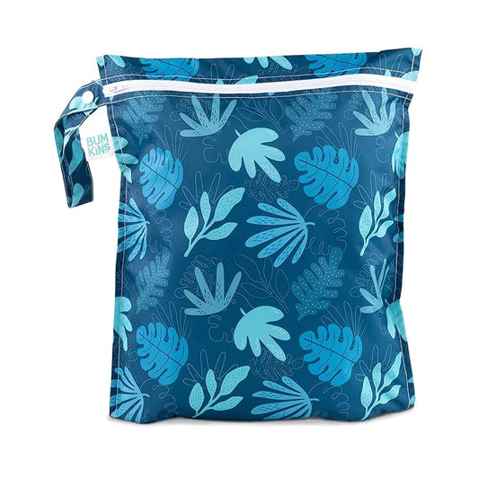 Bumkins Waterproof Wet Bag, Washable, Reusable for Travel, Beach, Pool, Stroller, Diapers, Dirty Gym Clothes, Wet Swimsuits, Toiletries, 12x14 – Blue Tropic