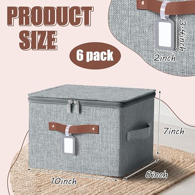 6 Pack Fabric Closet Storage Bins with Zipper Lids and Label, 10×8×7In Large Size Foldable Cotton Linen Storage Cubes Boxes with PU Leather Handles Holders for Bedroom, Shelf, Nursery, Gray