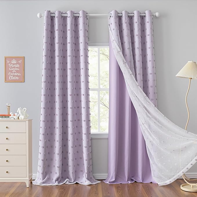 MYSKY HOME Lilac Curtains for Kids Bedroom 72 Inches Long Pom Pom Sheer Nursery Curtains for Girls Room 2 Layered Blackout Drapes for Toddler Grommet Room Darkening Window Panels 52 x 72 in, 2 Panels