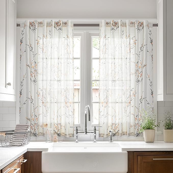 MYSKY HOME Floral Curtains for Bedroom Small Windows Flax Linen Sheer Drapes Light Filtering Flower Decor Country Style Bathroom Panels Set Light Filtering Privacy Blind, 50x54, Yellow, 2 Pcs