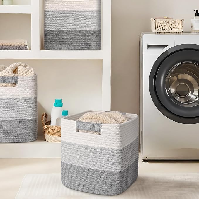 11 Inch Storage Cubes, 3 Pack Cube Storage Bins for Organizing, Cotton Rope Woven Baskets for Shelves, Bathroom, Kids Room, Closets, Baby Nursery