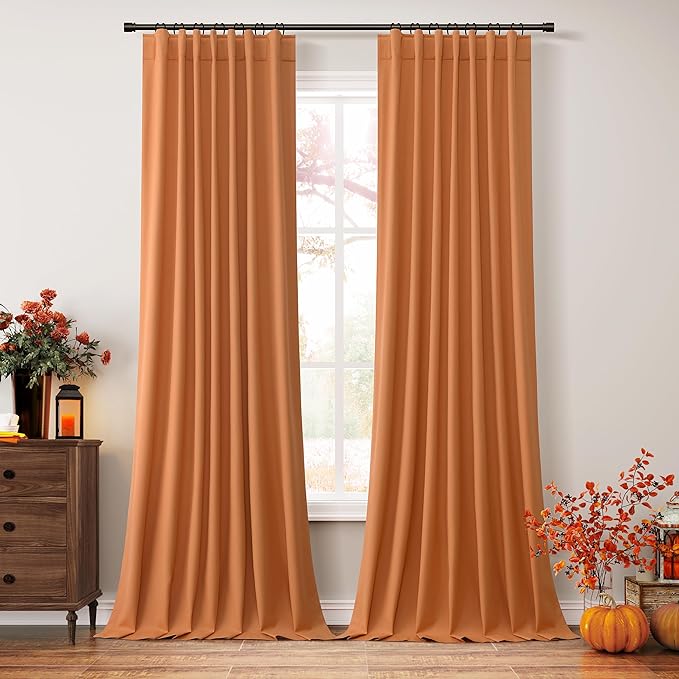 Guken Orange 100% Blackout Curtains 96 Inch Length 2 Panels Set for Living Room Bedroom Back Tab Thermal Insulated Black Out Linen Drapes Room Darkening Window Curtains 96 Inches Long