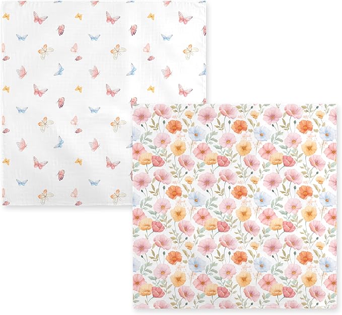 2-Pack 100% Cotton Muslin Swaddle Blankets, Large 47 x 47 Inches — Breathable Soft Receiving Blankets for Newborns, Swaddling Wraps, Baby Essentials, Registry Gift (Butterfly & Bloom Duo)