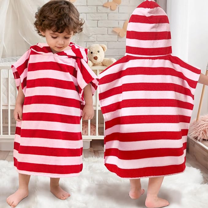 VOOVA & MOVAS Toddler Poncho Towels with Hood, Oversized (2-4Years,22"X22") Made from 100% Soft Cotton,Absorbent Hooded Towels for Baby Girl,Perfect for Pool | Swimming | Bath | Beach,Red Bar Stripe