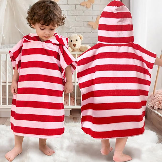 VOOVA & MOVAS Toddler Poncho Towels with Hood, Oversized (2-4Years,22"X22") Made from 100% Soft Cotton,Absorbent Hooded Towels for Baby Girl,Perfect for Pool | Swimming | Bath | Beach,Red Bar Stripe