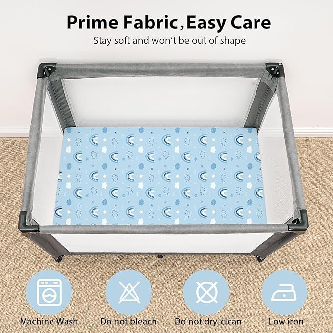 Baby Mini Crib Sheets Boy, Portable 38”x26” Pack and Play Sheets Fitted for Playard and Pack N Play Mattress, 3-Pack Soft Microfiber Blue Cloud Animals