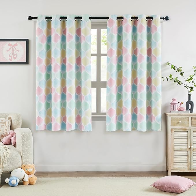 Kids Full Blackout Curtains 63 Inches Long for Juvenile Bedroom Multi-Color Moroccan Geo Window Curtain Panels Thermal Insulated Room Darkening Grommet Top Drapes, 52x63, Pink 2 Panels