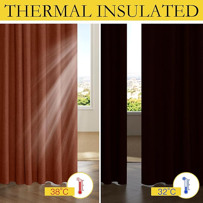 NICETOWN 100% Absolutely Blackout Linen Curtains with Thermal Insulated Grey Liner, 84 inches Long Drapes, 52" Wide, 2 Panels, Retro Burnt Orange Linen Curtains Vertical Drapes Privacy for Bedroom
