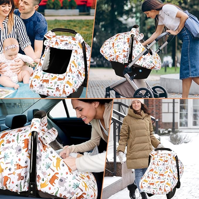Car Seat Cover Baby, HNHUAMING Infant Car Seat Covers Canopy for Baby Girl Boy, Cozy & Windproof Newborn Carseat Covers Minky Dot Backing Stroller Cover with Breathable Mesh Window, Animals