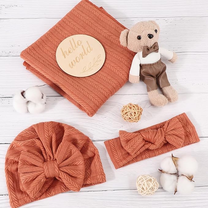 DRESHOW BQUBO Baby Swaddle Blankets for Girls, 4PCS Newborn Accessories Set with Matching Hat and Bow Headband with Hello World Wooden Birth Announcement Card