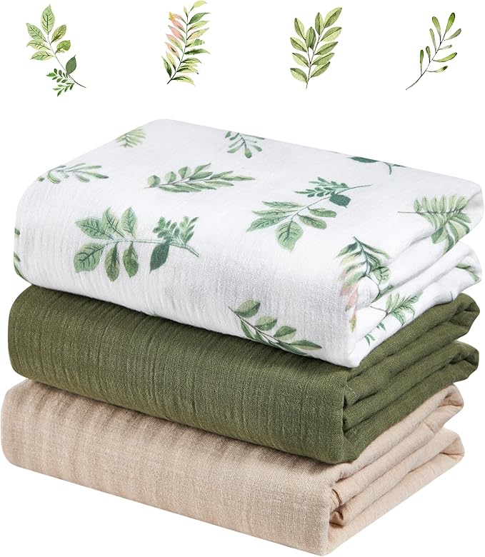 3-Pack 100% Cotton Muslin Swaddle Blankets, Large 47 x 47 Inches — Breathable Soft Receiving Blankets for Newborns, Swaddling Wraps, Registry Gift (Leafy Green Nature)