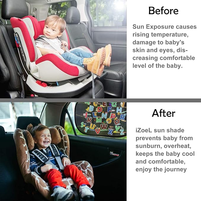 Car Sun Shade for Baby Kids 2 Pack Static Cling Side Window Car 80GSM Rear Sunshades Universal with 8 Suction Cups and Storage Bag - Sun Glare and UV Rays Protection (ABC+123)