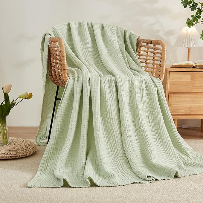 EMME Cotton Muslin King Blanket Bed Layering Breathable Gauze Blanket Soft Lightweight Blankets Adults (Mint Green, 108"x90")