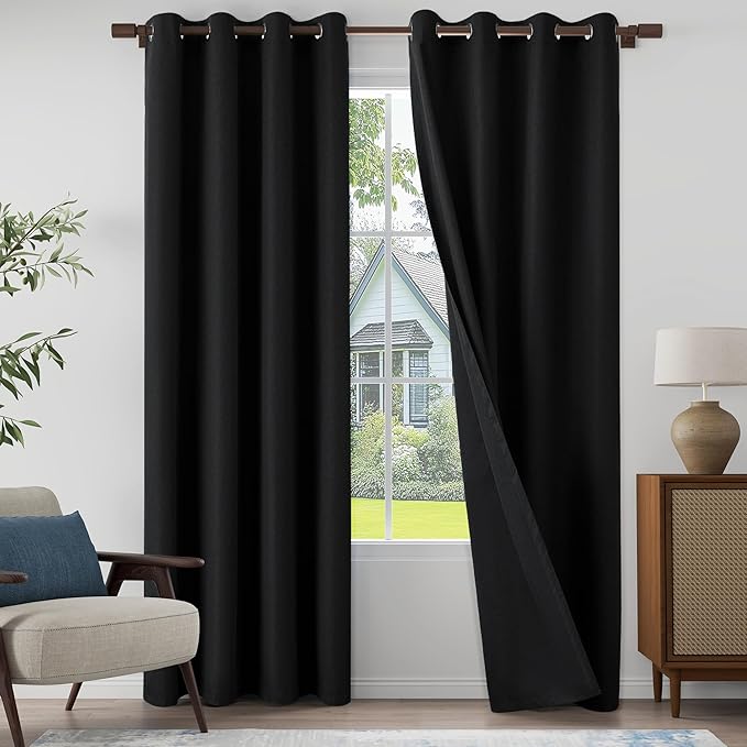100% Blackout Linen Textured Curtains 95 Inch Length 2 Panels Set for Living Room, Bedroom, Light Weight Curtains with Grommets Top, Full Blackout Curtains Privacy Protection, Black, 52" W x 95" L