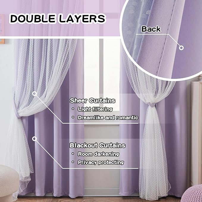 MYSKY HOME Cute Lilac Curtains for Girls Bedroom & Nursery Kids Purple Lavender Blackout Curtains Double Layer with Polka Dots Sheer, Grommet Tops, 52x95 Inch, 2 Panels