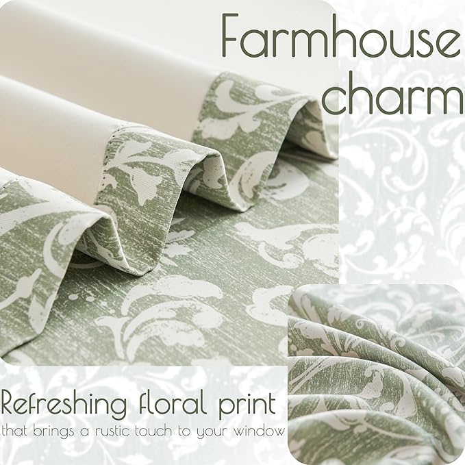 jinchan 80% Blackout Curtains for Living Room, Farmhouse Drapes with Scroll Floral Patterned for Bedroom, Grommet Top Thermal Insulated Curtains, Vintage Country Drapes 90 inch Length 2 Panels Green