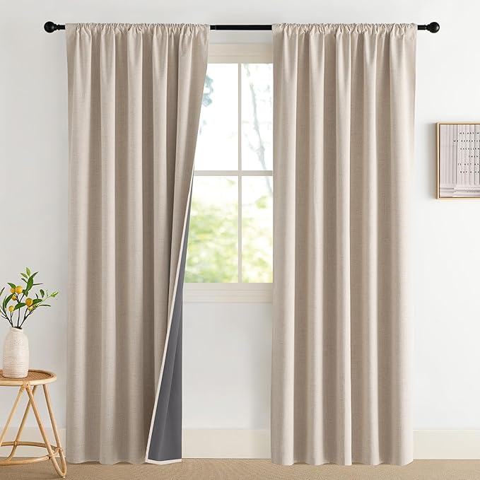 NICETOWN Natural Faux Linen 100% Blackout Curtains, 2 Panels Set, 42 x 84 Inch, Rod Pocket Thermal Insulated Room Darkening Drapes for Bedroom, Living Room, Modern Farmhouse Decor, Noise Reducing