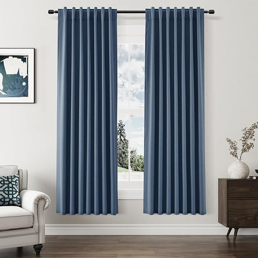 Guken 100% Blackout Curtains 72 Inch Length 2 Panels Set for Living Room Bedroom Back Tab Thermal Insulated Black Out Linen Drapes Room Darkening Window Curtains 72 Inches Long,Denim Blue