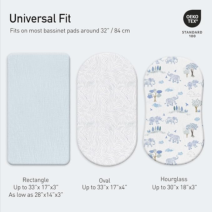 Gllquen Baby Muslin Bassinet Sheets 3 Pack, Breathable Elastic Cozy Fitted Cotton Bassinet Mattress Sheet for Baby Boy Girls, Fit for Hourglass Oval Rectangular Cradle Pad Sheets 33"x17" (Light Blue)