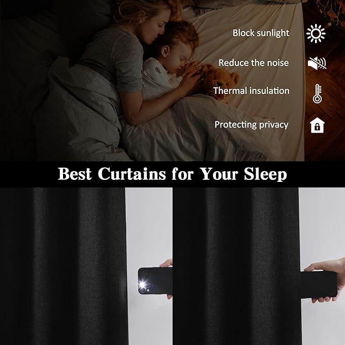 RAIN CITY Extra Wide Blackout Large Curtains 70 x 108 Inch Long, Linen Blend Black Out Pleated Curtains 2 Panels Set, Back Tab Pocket Textured Curtain for Home Office Patio Sliding Glass Door
