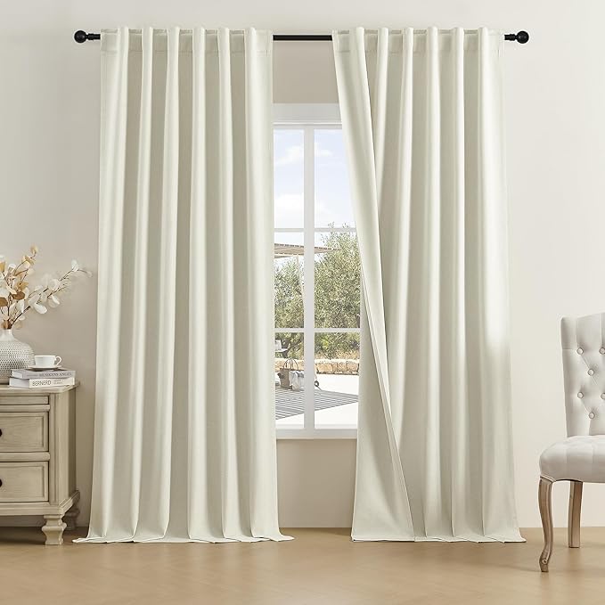 DUALIFE Extra Long 108 Inch Full Blackout Curtains,Faux Linen Textured Back Tab Hook Belt Pleated Tall Drapes for Living Room Dining 2 Panels Set,50 Wide，9 FT,Beige