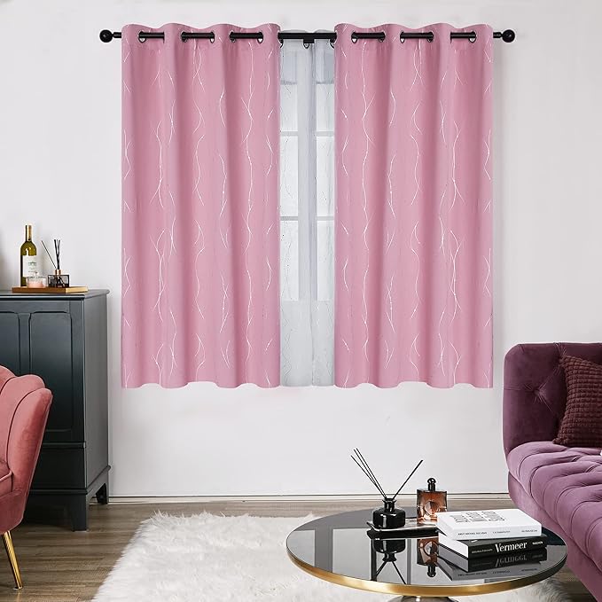 Deconovo Short Blackout Curtain, Pink Curtain, Thermal Insulated Soundproof Grommet Drapes, Wave Line Dots Foil Print, 52 x 54 Inch, 2 Panels, Machine‑Washable Window Panel for Small Windows Kitchne